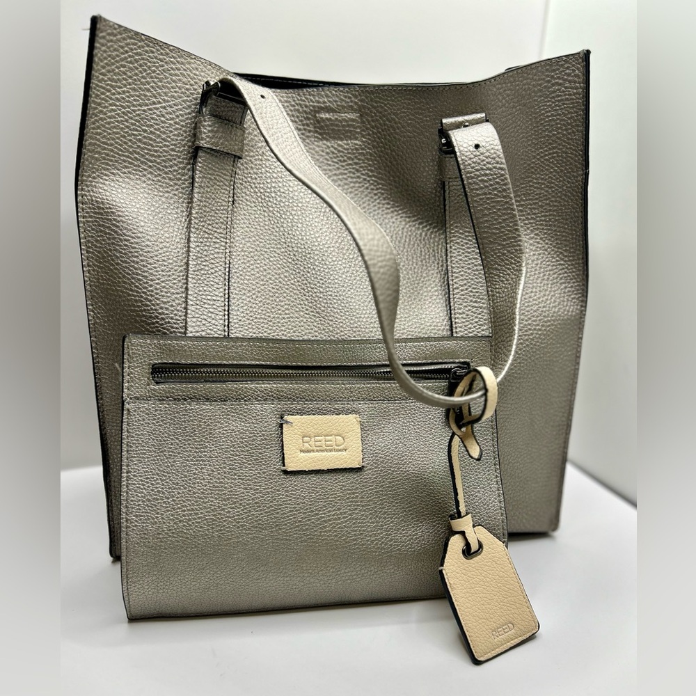Reed Modern Metallic Gray Large Leather Tote Bag